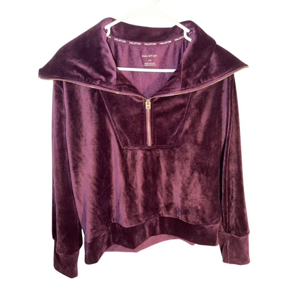 Halston Womens Ribbed Velour Quarter Zip Pullover Plum Purple Oversized Collar L